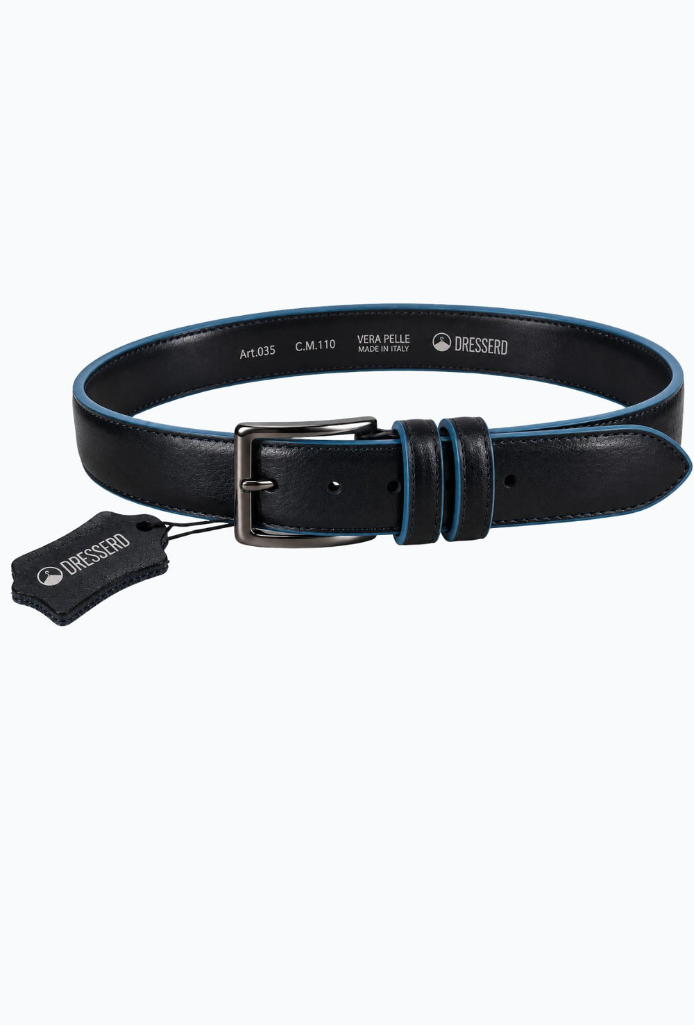 Cintura Uomo DRESSERD in Vera Pelle con Profilo Azzurro  Made in Italy- BLU