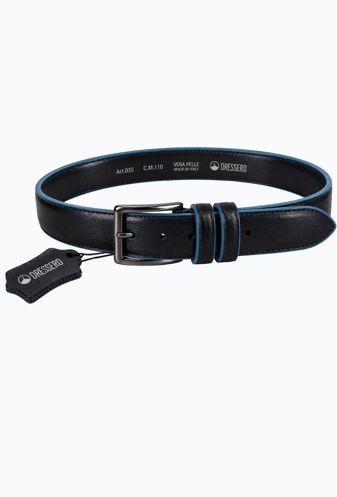 Cintura Uomo DRESSERD in Vera Pelle con Profilo Azzurro  Made in Italy- BLU