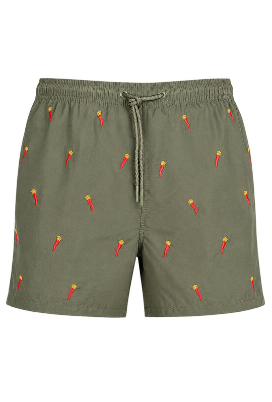 Costume da Bagno Uomo Dresserd  Ricamo Corno Portafortuna Napoletano -VERDE MILITARE