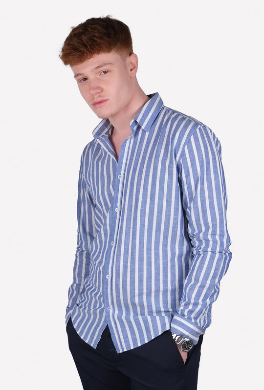 Camicia Uomo Manica lunga di Lino Collo francese Camicie Dresserd - BLU