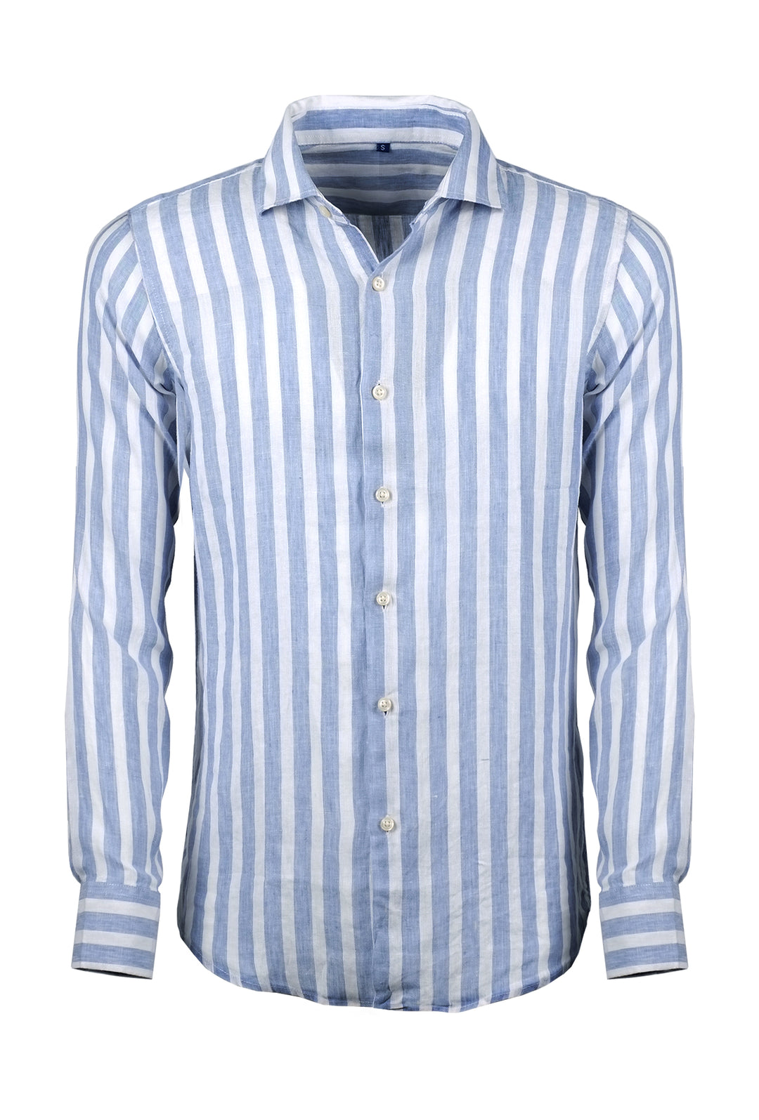 Camicia uomo lino righe larghe collo francese CELESTE – DRESSERD