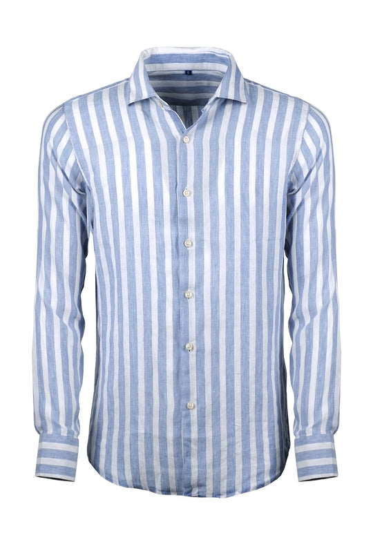 Camicia uomo lino righe larghe collo francese - CELESTE