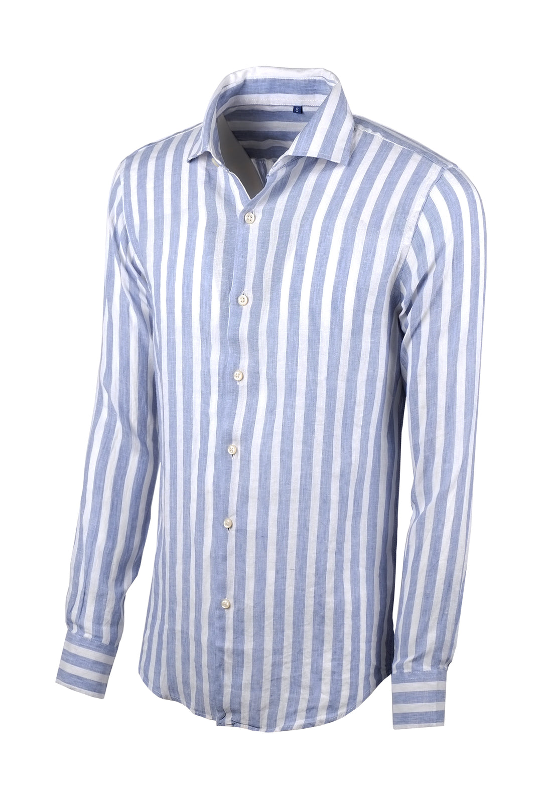 Camicia uomo lino righe larghe collo francese - CELESTE