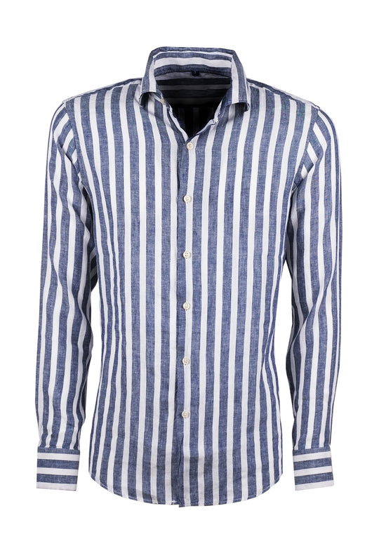 Camicia uomo lino righe larghe collo francese - BLU