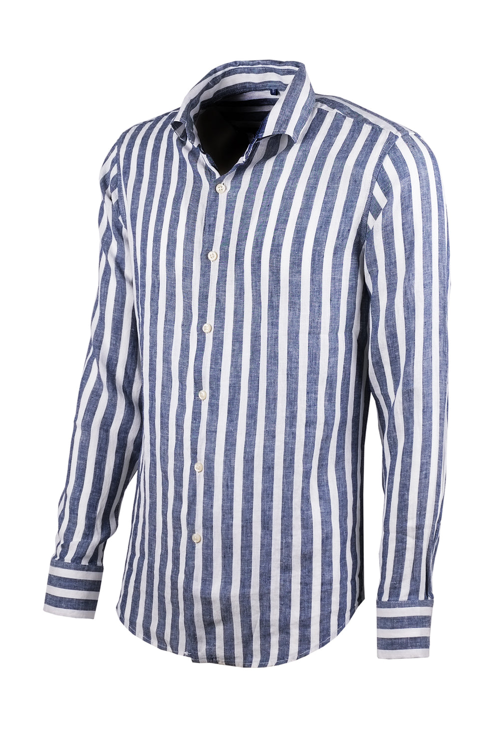 Camicia uomo lino righe larghe collo francese - BLU