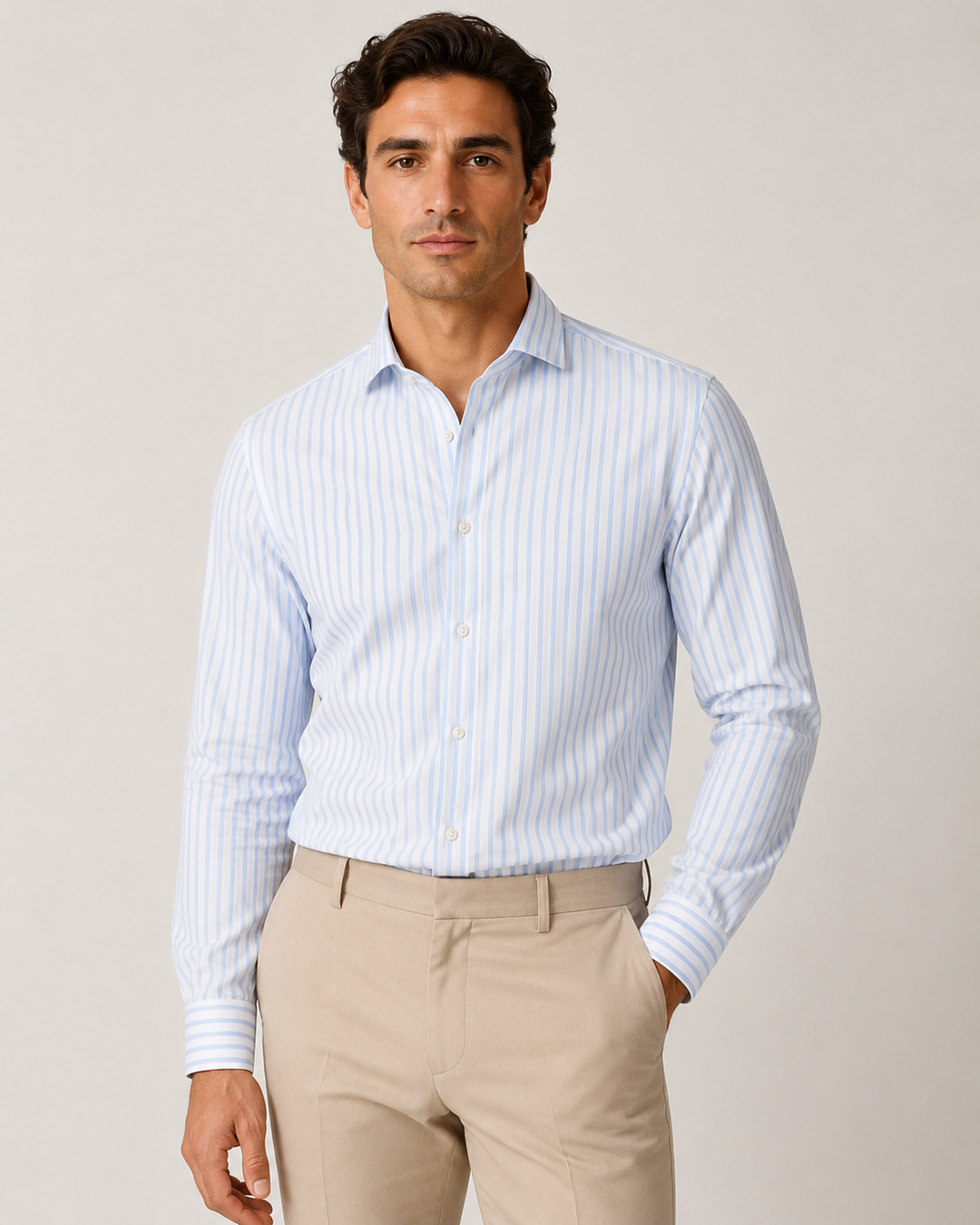 Camicia Uomo Lino Cotone a Righe Dresserd Collo Francese -AZZURRA
