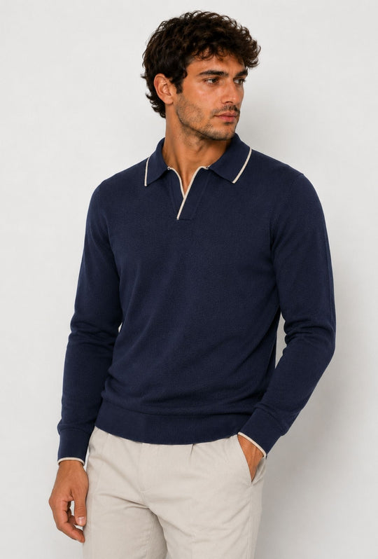 Polo Uomo DRESSERD Manica Lunga in Maglia a Trama Lavorata con Colletto e Riga Panna a Contrasto -BLU NAVY