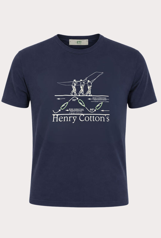 T- Shirt Uomo girocollo HENRY COTTON'S 100% cotone logo centrale stampato-BLU