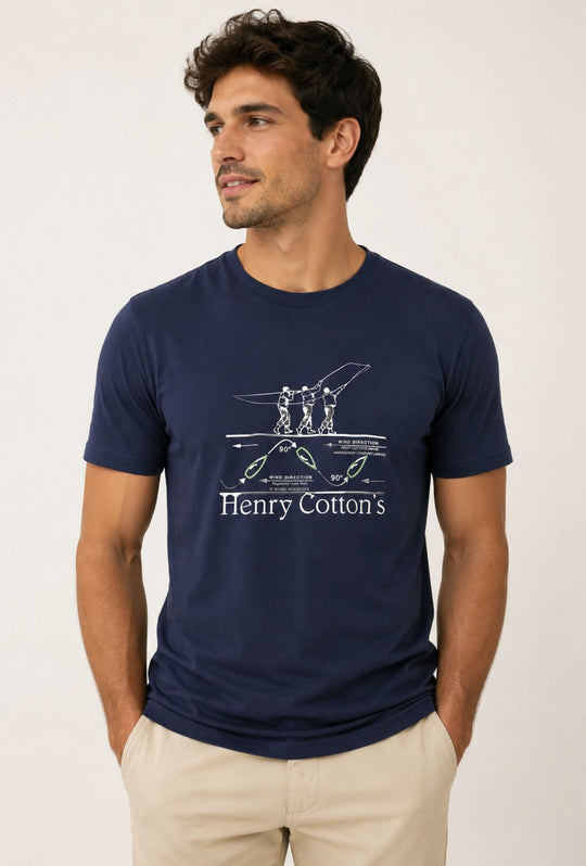 T- Shirt Uomo girocollo HENRY COTTON'S 100% cotone logo centrale stampato-BLU