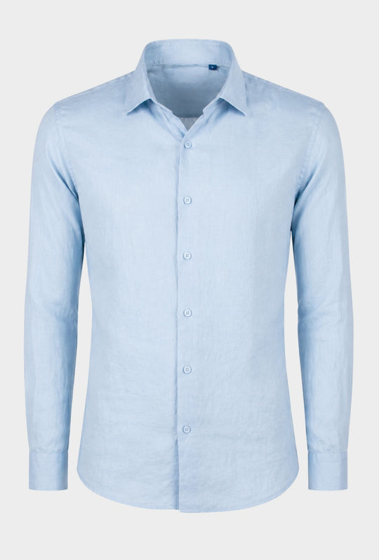 Camicia Uomo 100% Lino Manica Lunga Semi Slim Fit Camicie Dresserd - AZZURRO