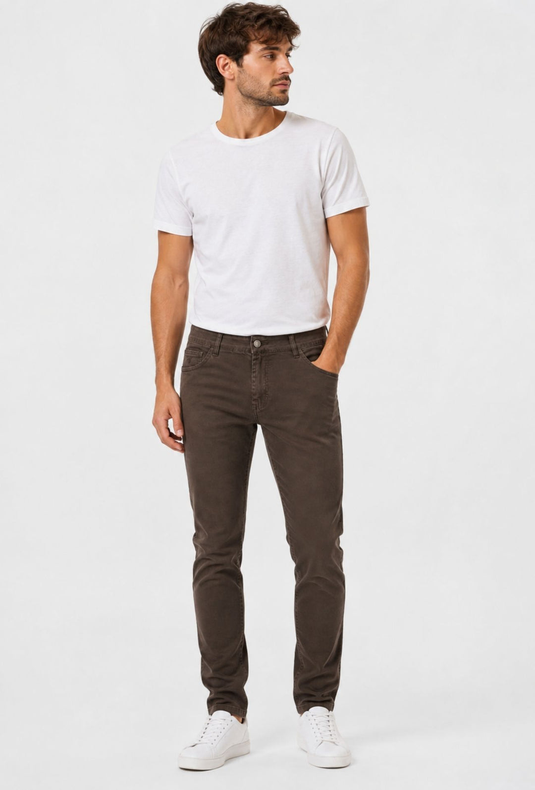 Pantalone Uomo 5 Tasche in gabardina stretch invernale - MARRONE