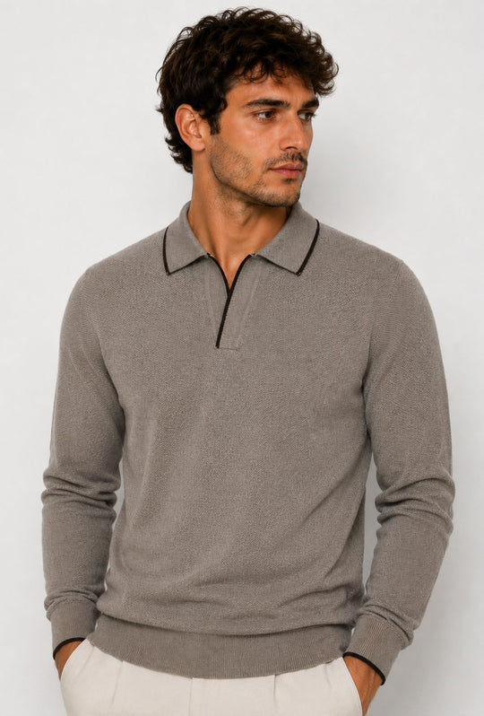 Polo Uomo DRESSERD Manica Lunga in Maglia a Trama Lavorata con Colletto e Riga Marrone a Contrasto- TORTORA