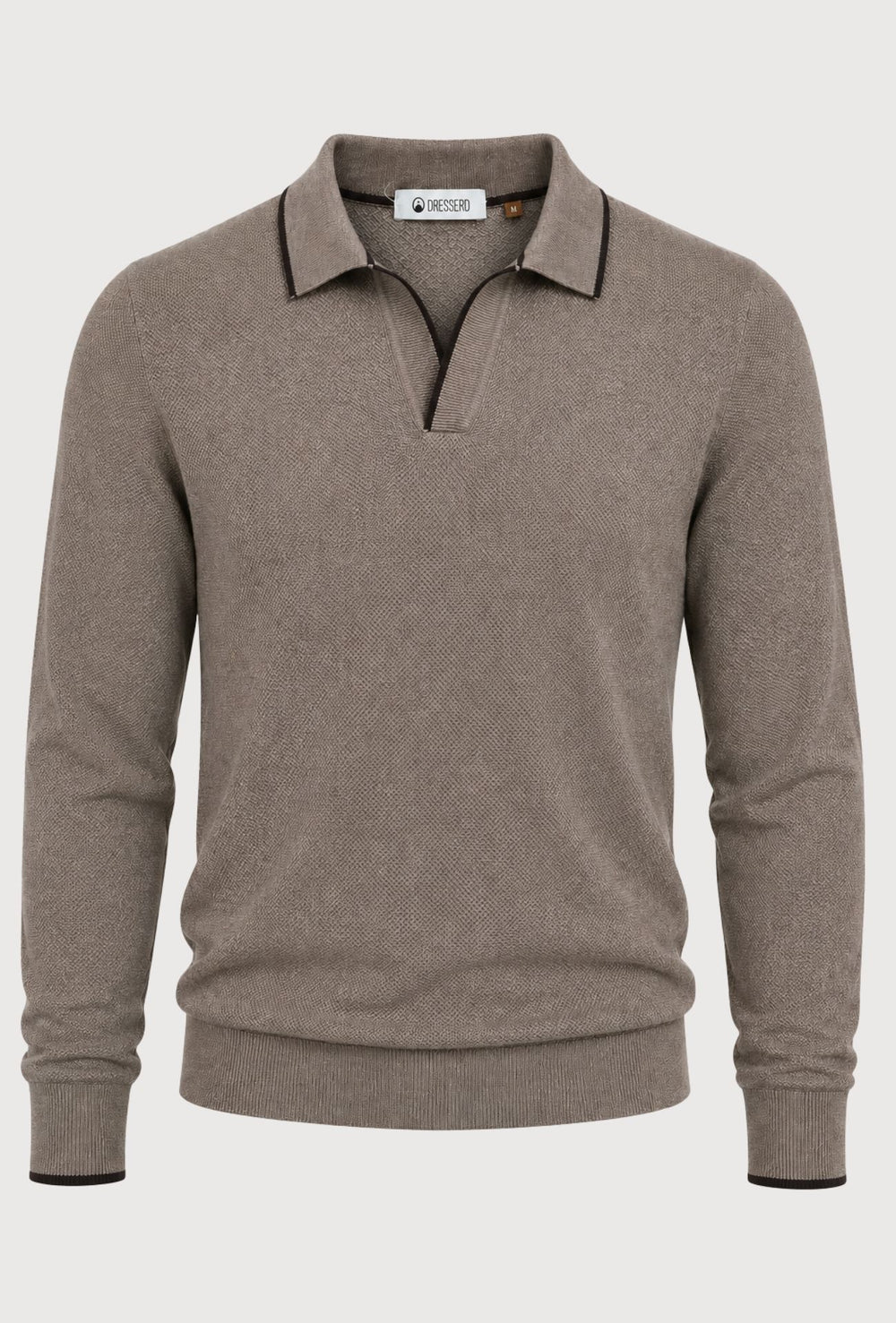 Polo Uomo DRESSERD Manica Lunga in Maglia a Trama Lavorata con Colletto e Riga Marrone a Contrasto- TORTORA
