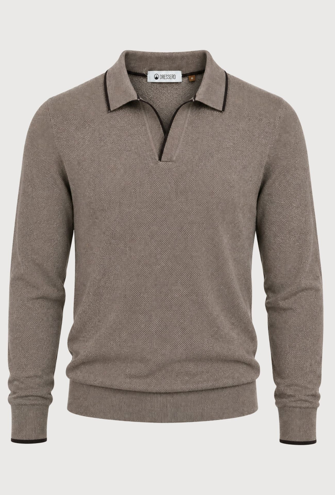 Polo Uomo DRESSERD Manica Lunga in Maglia a Trama Lavorata con Colletto e Riga Marrone a Contrasto- TORTORA
