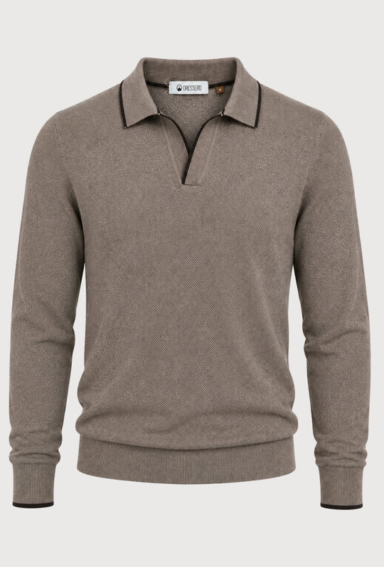 Polo Uomo DRESSERD Manica Lunga in Maglia a Trama Lavorata con Colletto e Riga Marrone a Contrasto- TORTORA