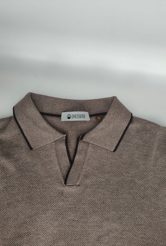 Polo Uomo DRESSERD Manica Lunga in Maglia a Trama Lavorata con Colletto e Riga Marrone a Contrasto- TORTORA