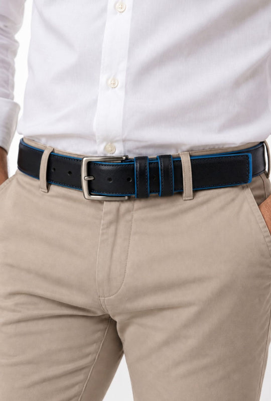 Cintura Uomo DRESSERD in Vera Pelle con Profilo Azzurro  Made in Italy- NERO