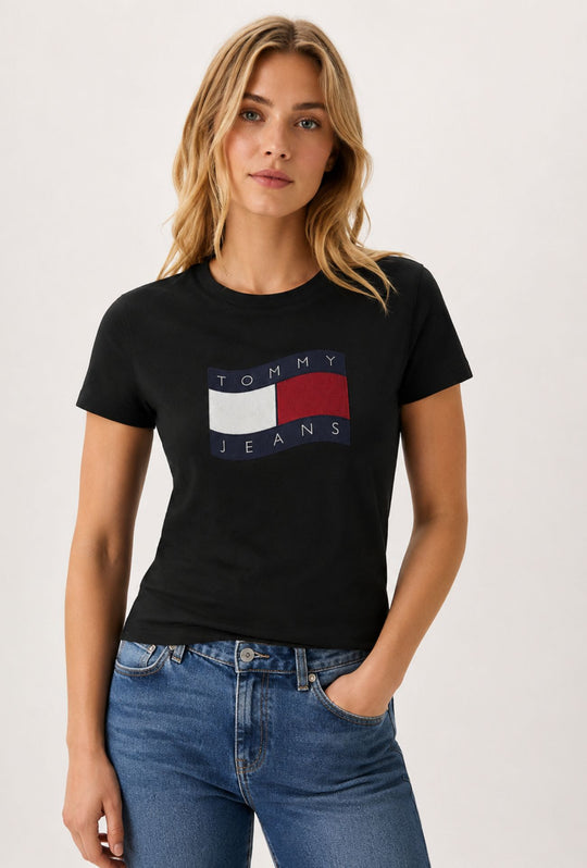 T-shirt Donna TOMMY JEANS 100% cotone Slim Fit- NERO