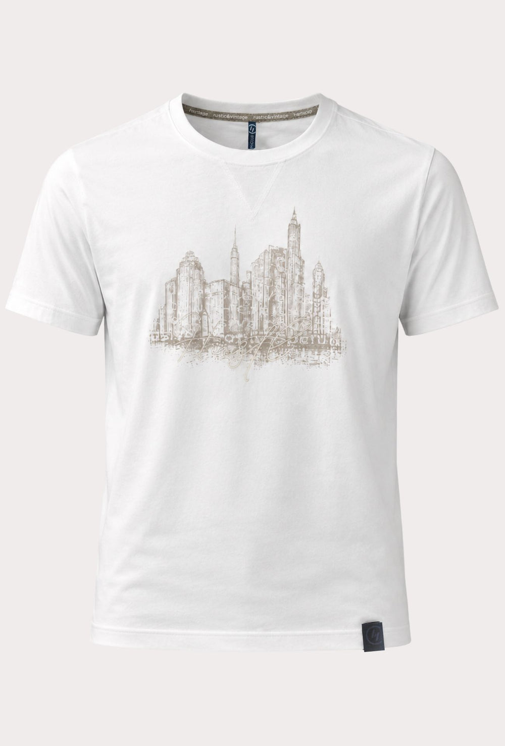 T-Shirt Uomo P-CLUB  100% Cotone con Stampa Skyline e Ricamo  Regular Fit- BIANCO