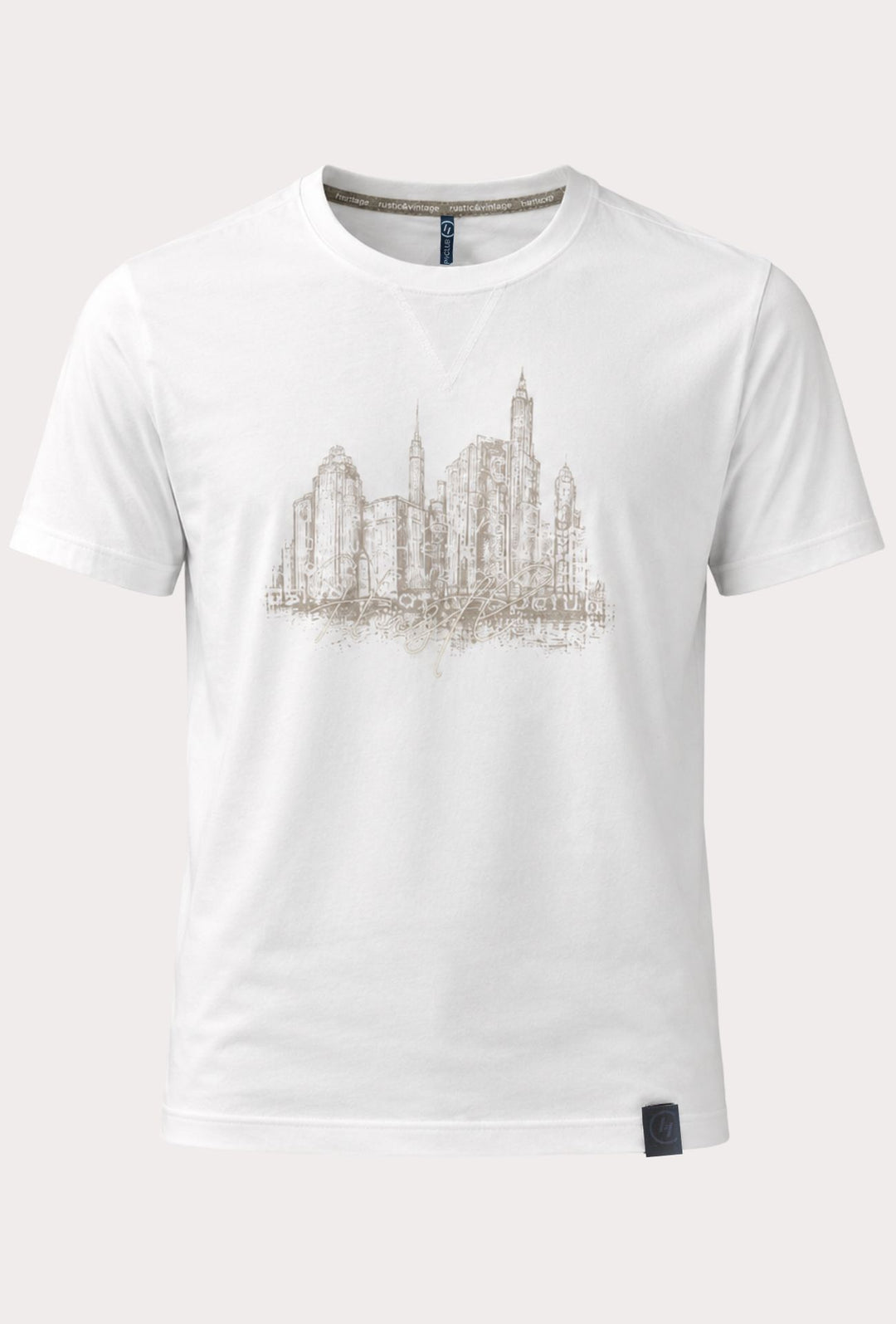 T-Shirt Uomo P-CLUB  100% Cotone con Stampa Skyline e Ricamo  Regular Fit- BIANCO