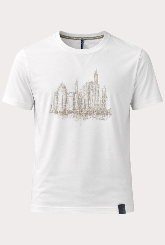 T-Shirt Uomo P-CLUB  100% Cotone con Stampa Skyline e Ricamo  Regular Fit- BIANCO