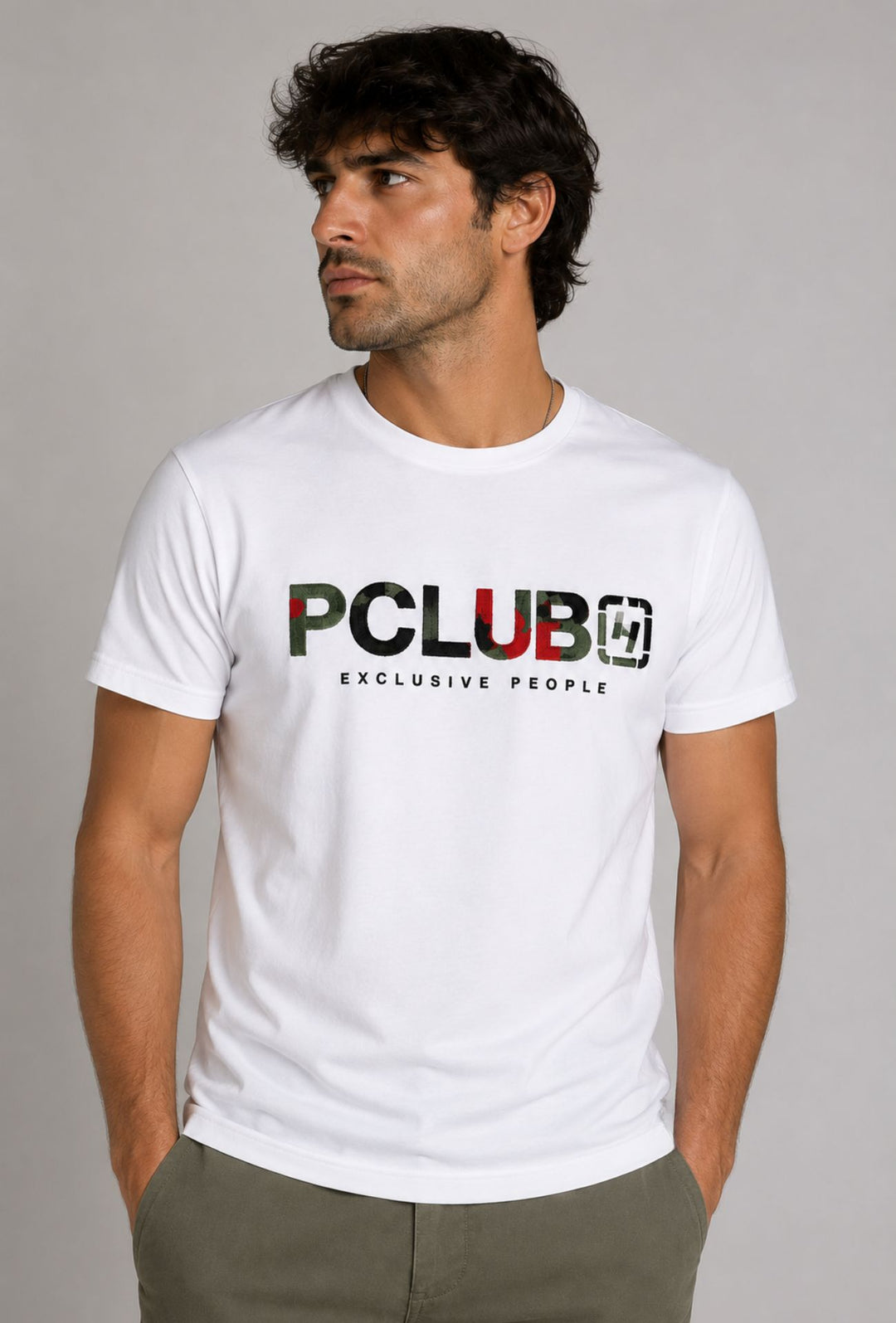 T-Shirt Uomo P-CLUB  100% Cotone con Logo Ricamato A Rilievo Centrale- BIANCO