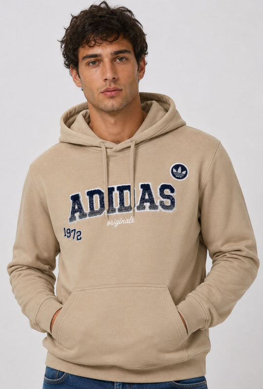 Felpa Uomo ADIDAS con Cappuccio e Interno Felpato scritta centrale in rilievo ricamata- BEIGE