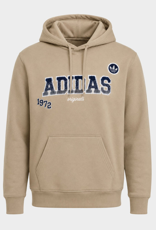 Felpa Uomo ADIDAS con Cappuccio e Interno Felpato scritta centrale in rilievo ricamata- BEIGE