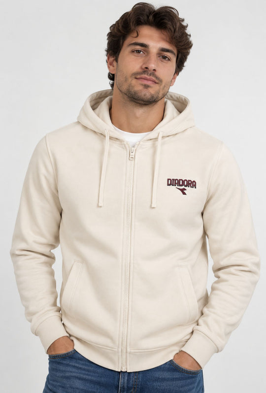 Felpa Uomo Full Zip DIADORA in cotone con cappuccio logo stampato lato cuore- PANNA
