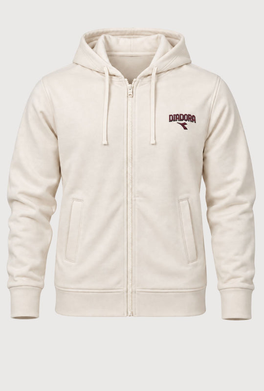 Felpa Uomo Full Zip DIADORA in cotone con cappuccio logo stampato lato cuore- PANNA