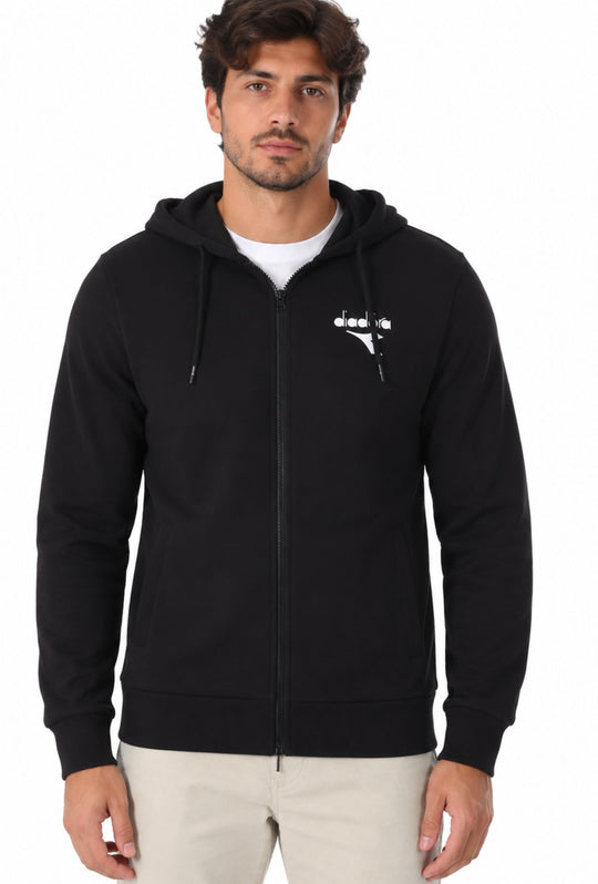 Felpa Uomo DIADORA Full Zip in cotone con cappuccio logo stampato lato cuore- NERO