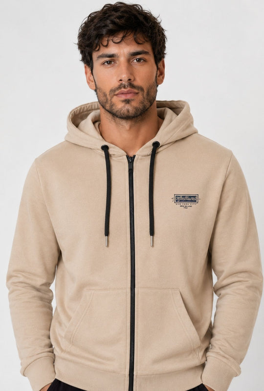 Felpa Uomo MEED MILANO Full Zip Con Cappuccio in cotone Logo Stampato Lato Cuore- BEIGE
