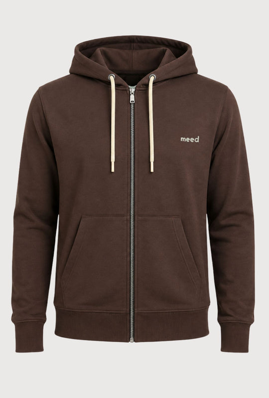 Felpa Uomo con cappuccio MEED MILANO full zip in cotone Logo Ricamato lato cuore-CACAO