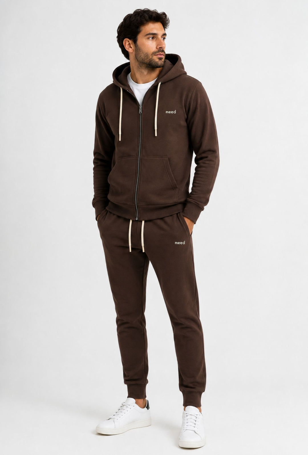 Felpa Uomo con cappuccio MEED MILANO full zip in cotone Logo Ricamato lato cuore-CACAO