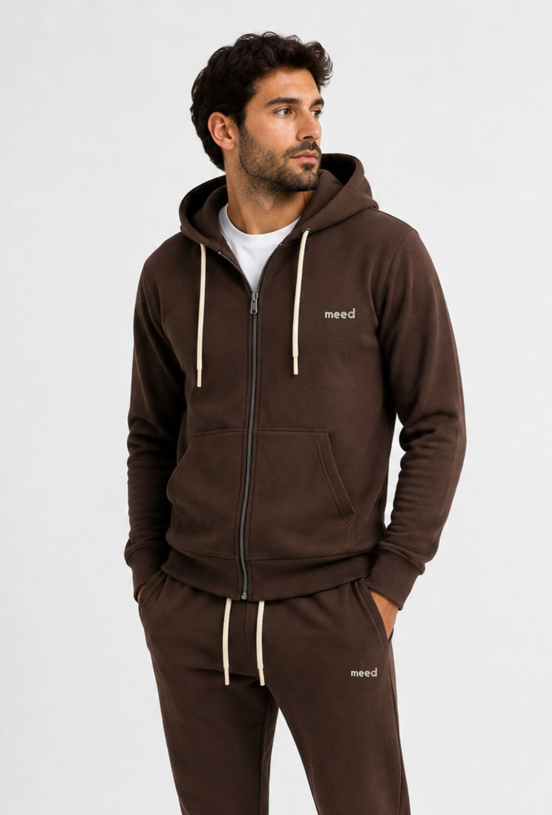 Felpa Uomo con cappuccio MEED MILANO full zip in cotone Logo Ricamato lato cuore-CACAO