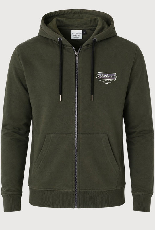 Felpa Uomo MEED MILANO Full Zip Con Cappuccio in cotone Logo Stampato Lato Cuore-VERDE MILITARE