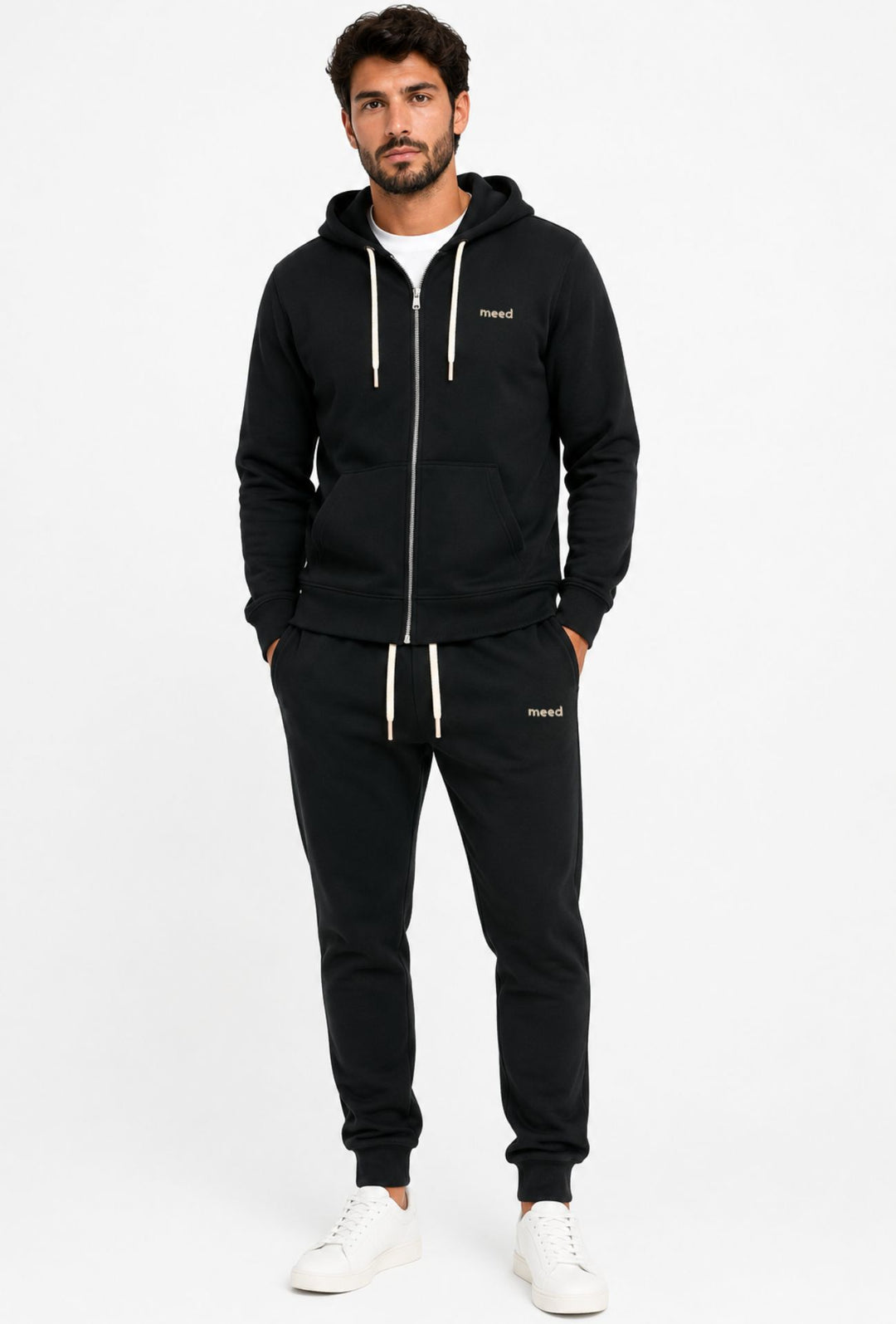 Felpa Uomo con cappuccio MEED MILANO  full zip in cotone Logo Ricamato lato cuore- NERO