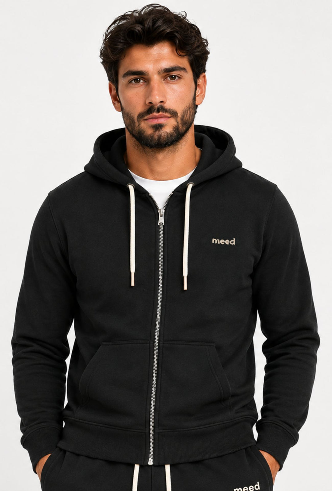 Felpa Uomo con cappuccio MEED MILANO  full zip in cotone Logo Ricamato lato cuore- NERO