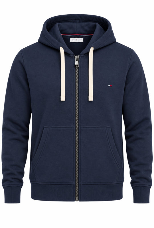Felpa Uomo Full Zip con cappuccio TOMMY HILFIGER cotone felpato leggero- BLU NAVY