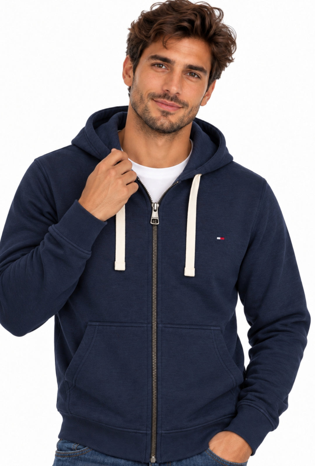 Felpa Uomo Full Zip con cappuccio TOMMY HILFIGER cotone felpato leggero- BLU NAVY