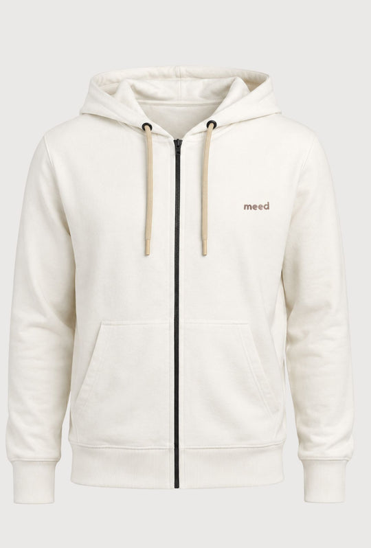Felpa Uomo con cappuccio MEED MILANO full zip in cotone Logo Ricamato lato cuore-BIANCO