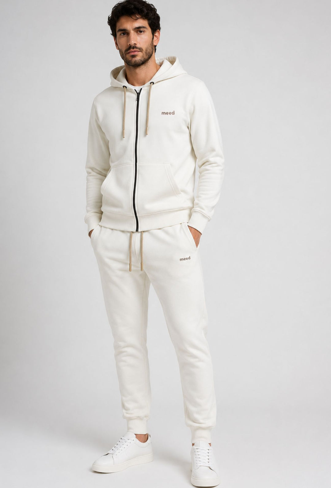 Felpa Uomo con cappuccio MEED MILANO full zip in cotone Logo Ricamato lato cuore-BIANCO
