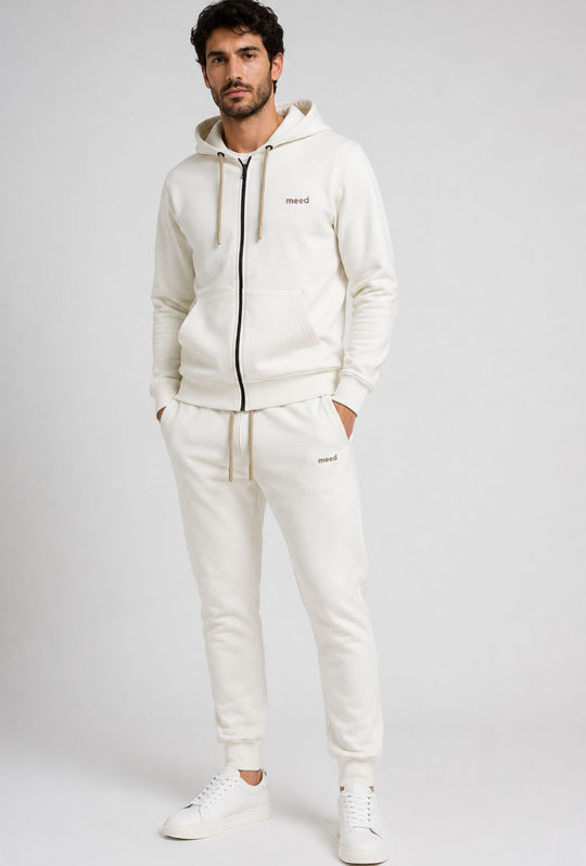 Felpa Uomo con cappuccio MEED MILANO full zip in cotone Logo Ricamato lato cuore-BIANCO