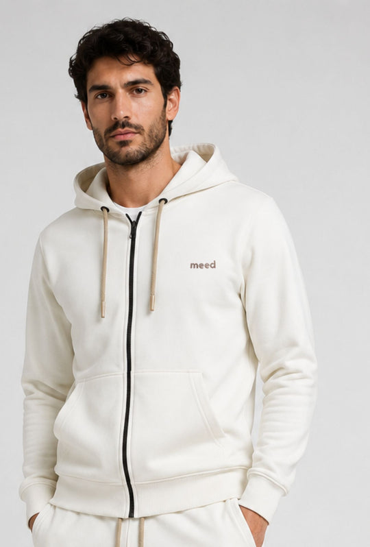 Felpa Uomo con cappuccio MEED MILANO full zip in cotone Logo Ricamato lato cuore-BIANCO