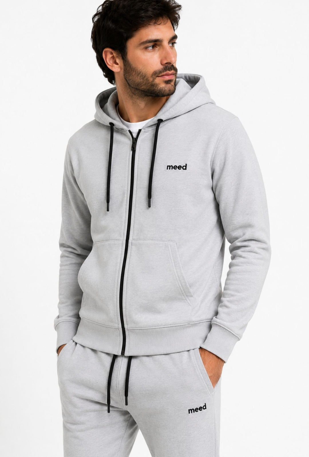 Felpa Uomo con cappuccio MEED MILANO full zip in cotone Logo Ricamato lato cuore-GRIGIO