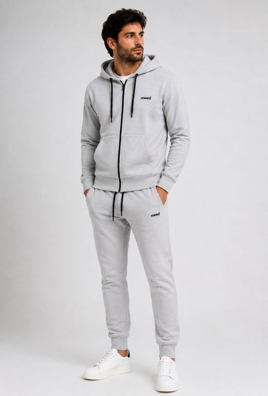 Felpa Uomo con cappuccio MEED MILANO full zip in cotone Logo Ricamato lato cuore-GRIGIO