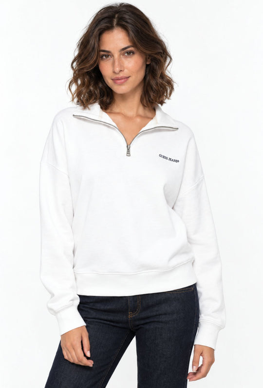 Felpa Donna Guess Jeans in Cotone con Mezza Zip- BIANCO