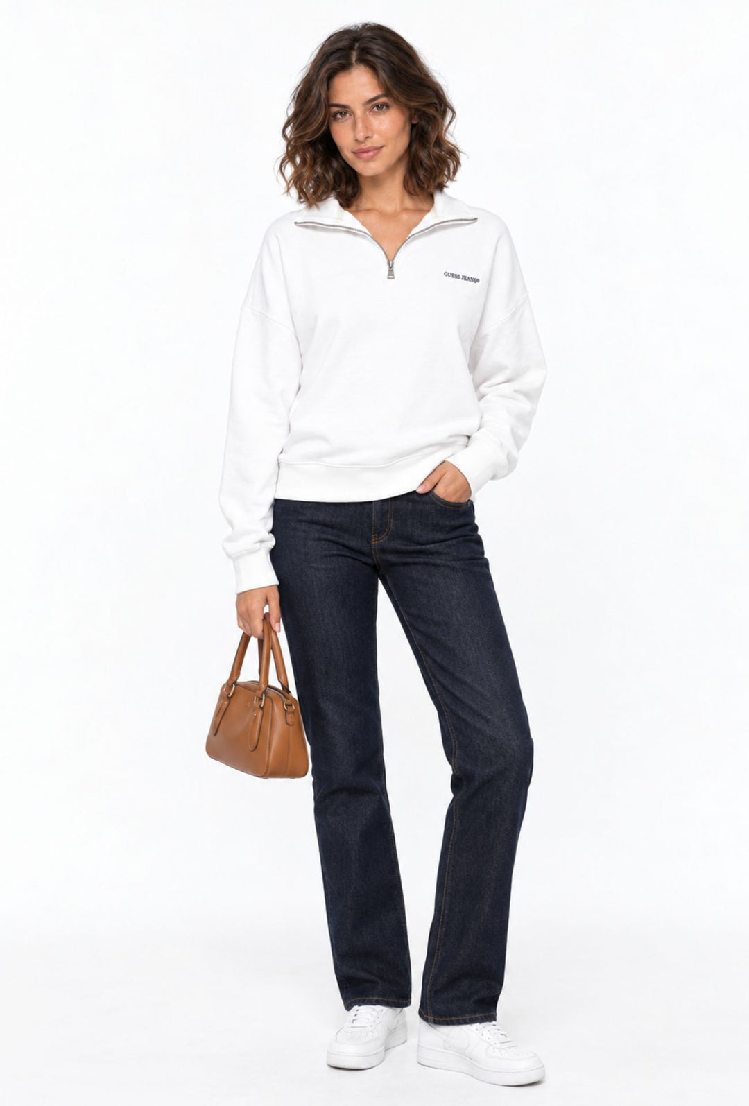 Felpa Donna Guess Jeans in Cotone con Mezza Zip- BIANCO