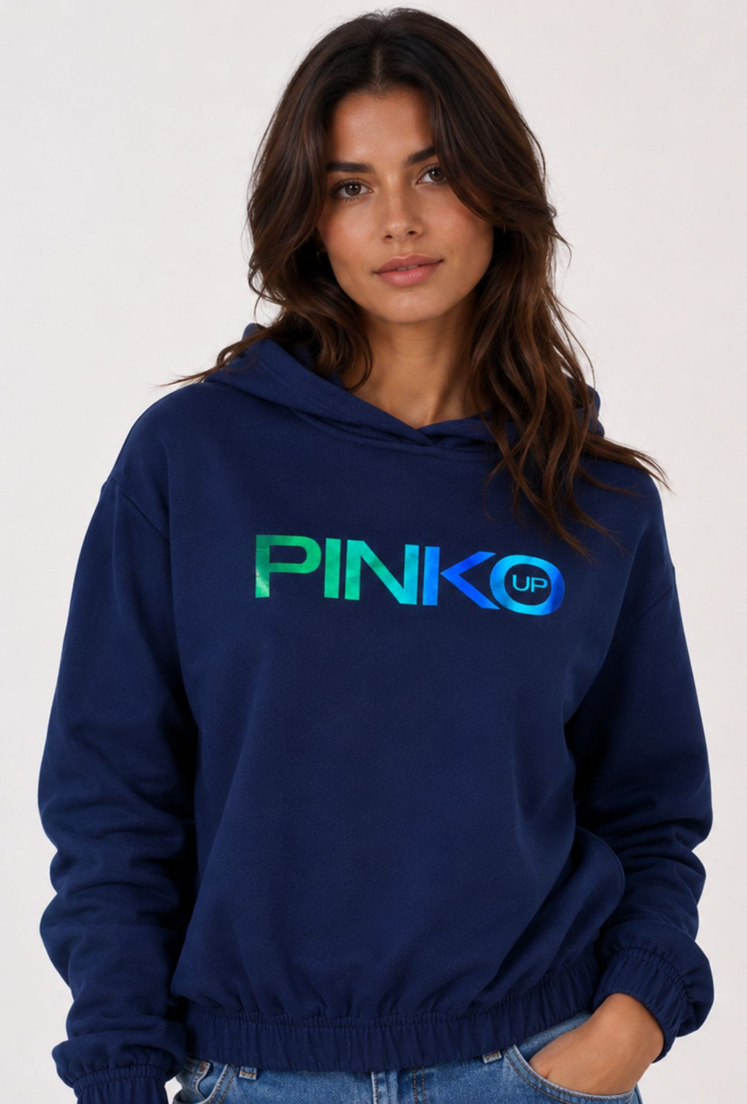 Felpa Donna Pinko Up con Cappuccio in Cotone  Logo Riflettente  Vestibilità Regular- BLU NAVY