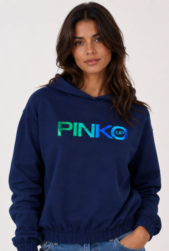 Felpa Donna Pinko Up con Cappuccio in Cotone  Logo Riflettente  Vestibilità Regular- BLU NAVY